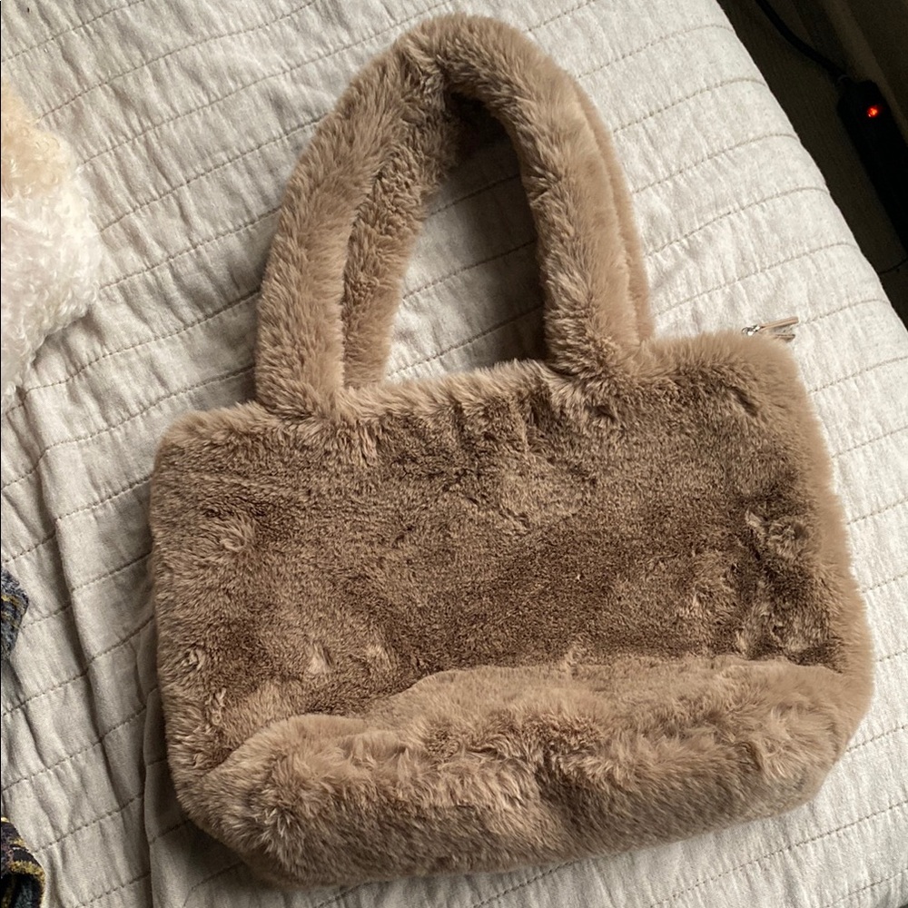 Tan Fuzzy Shoulder Bag with Plush Texture